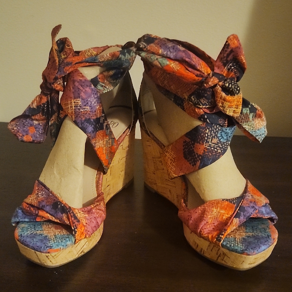 Impo Multicolor Cork Wedge Sandals with Tie Ankles